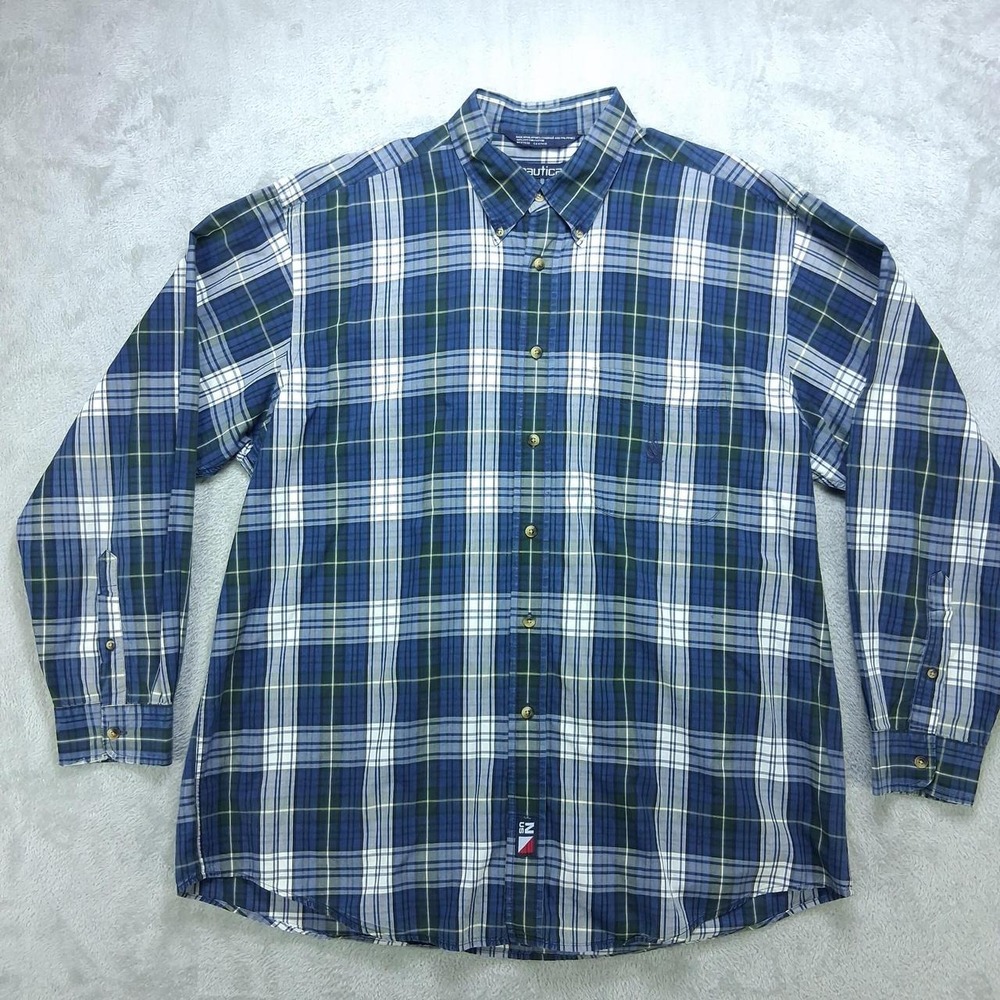 Nautica Mens XL Long Sleeve Plaid Button Front Shirt Blue Green Cotton